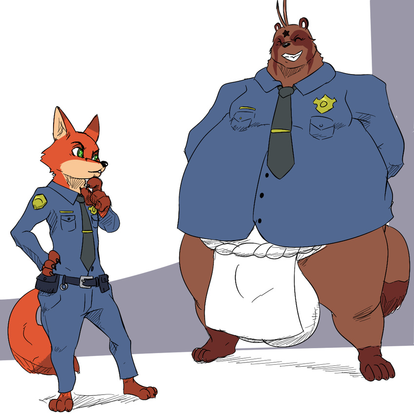 a-side balls big_balls bottomless canine clothed clothing disney duo eyes_closed fox male mammal nick_wilde overweight police_uniform simple_background smile tanuki uniform zootopia