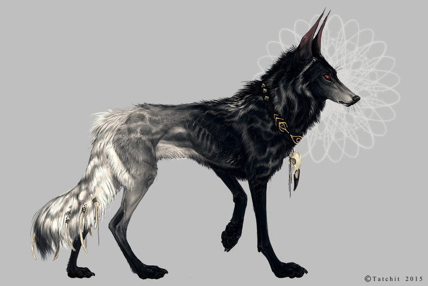 2015 ambiguous_gender black_fur black_nose canine claws dog feral fur grey_background grey_fur mammal paws red_eyes simple_background solo tatchit