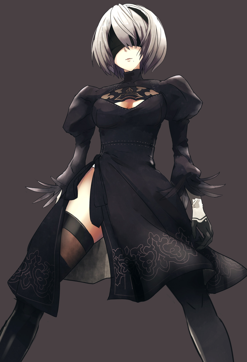 black_background black_blindfold black_dress black_hairband black_legwear blindfold boots bow breasts cleavage cleavage_cutout closed_mouth covered_eyes dress facing_viewer feather-trimmed_sleeves gloves gradient gradient_background grey_background hairband highres juliet_sleeves light_smile long_sleeves medium_breasts mole mole_under_mouth nier_(series) nier_automata puffy_sleeves rdc7229 short_hair silver_hair simple_background skindentation skirt solo standing thigh_boots thighhighs thighhighs_under_boots turtleneck turtleneck_dress vambraces yorha_no._2_type_b