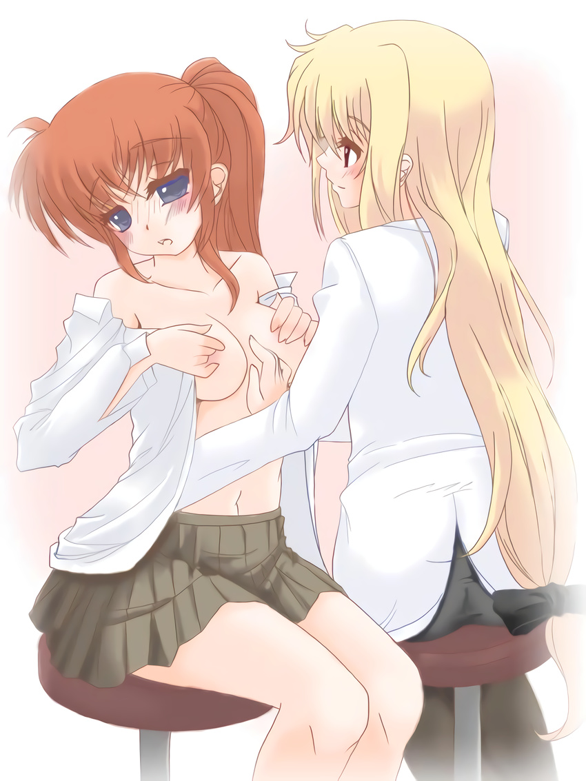 2girls age_gap blonde_hair blue_eyes blush breasts cleavage collared_shirt couple embarrassed fate_testarossa frapowa grope hair_ornament happy long_hair looking_at_another lyrical_nanoha mahou_shoujo_lyrical_nanoha mahou_shoujo_lyrical_nanoha_a's medium_breasts multiple_girls open_mouth orange_hair red_eyes ribbon school_uniform side_ponytail simple_background sitting smile student takamachi_nanoha teacher unbuttoned_shirt uniform yuri