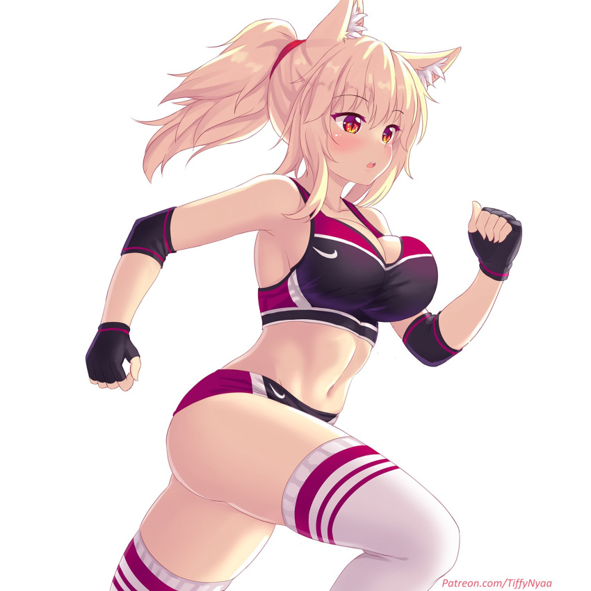 1girl animal_ear_fluff animal_ears black_gloves blonde_hair blush breasts buruma cat_ears cleavage commentary elbow_pads english_commentary eyebrows_visible_through_hair fast-runner-2024 fingerless_gloves gloves highres large_breasts long_hair midriff navel open_mouth original patreon_username ponytail profile red_eyes running slit_pupils solo sports_bikini sports_bra sportswear thighhighs tiffy watermark web_address white_background white_legwear