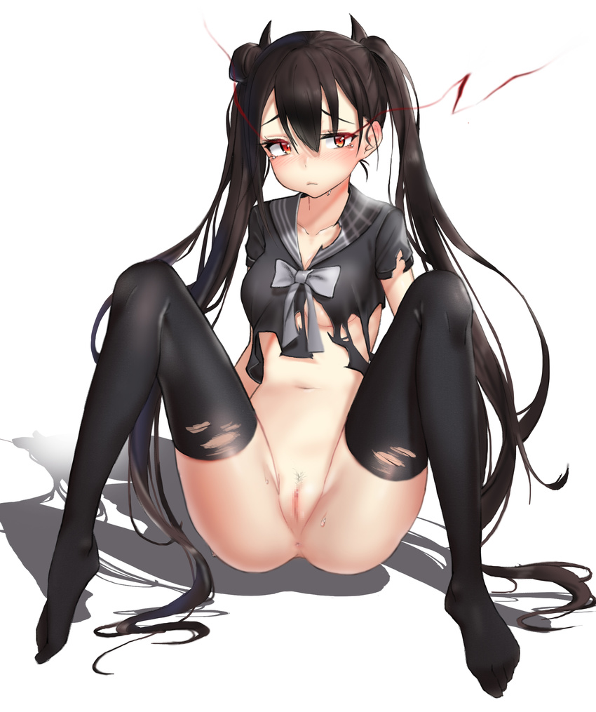 absurdres anus bangs black_hair black_serafuku blouse blush bottomless breasts censored cleft_of_venus closed_mouth collarbone commentary eun_bari girls_frontline glowing glowing_eyes hair_between_eyes hair_bun highres horns legs long_hair looking_at_viewer medium_breasts mosaic_censoring navel nose_blush ouroboros_(girls_frontline) pubic_hair pussy red_eyes school_uniform serafuku shadow short_sleeves side_bun simple_background sitting solo spread_legs sweat thighhighs thighs torn_blouse torn_clothes torn_legwear tsurime twintails underboob very_long_hair white_background