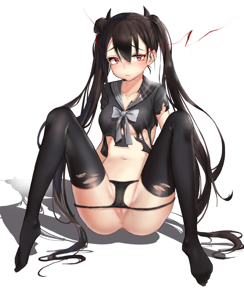 absurdres anus bangs black_hair black_panties black_serafuku blouse blush breasts cleft_of_venus closed_mouth collarbone commentary eun_bari girls_frontline glowing glowing_eyes hair_between_eyes hair_bun highres horns legs long_hair looking_at_viewer medium_breasts navel nose_blush ouroboros_(girls_frontline) panties panty_pull pussy red_eyes school_uniform serafuku shadow short_sleeves side_bun simple_background sitting solo spread_legs sweat thighhighs thighs torn_blouse torn_clothes torn_legwear tsurime twintails underboob underwear very_long_hair white_background