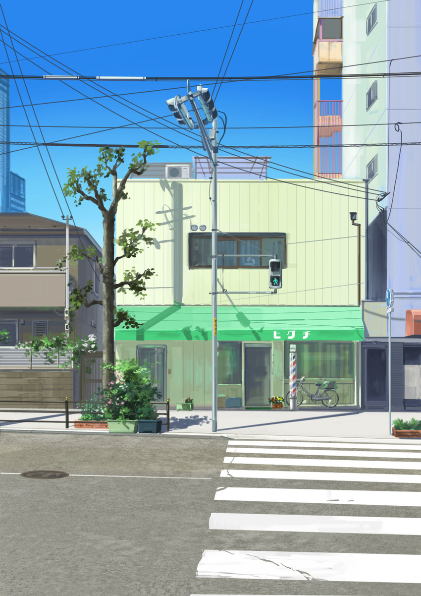 blue_sky city commentary crosswalk day door highres hirota_(masasiv3) manhole_cover no_humans outdoors plant potted_plant power_lines road scenery shop sky street telephone_pole traffic_light tree utility_pole window
