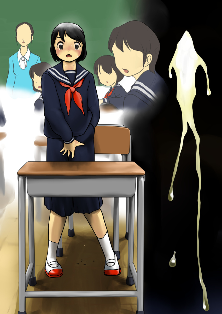 5girls between_legs black_eyes black_hair blackboard blue_sailor_collar blue_shirt blue_skirt blush brown_hair chair classroom desk eyebrows_visible_through_hair full_body hand_between_legs hand_under_clothes hand_under_skirt have_to_pee highres long_sleeves matching_hair/eyes miminari multiple_girls neckerchief open_mouth original peeing peeing_self pleated_skirt red_neckerchief sailor_collar school_uniform serafuku shirt shoes short_hair skirt socks standing sweat teacher tears uniform white_shoes white_socks