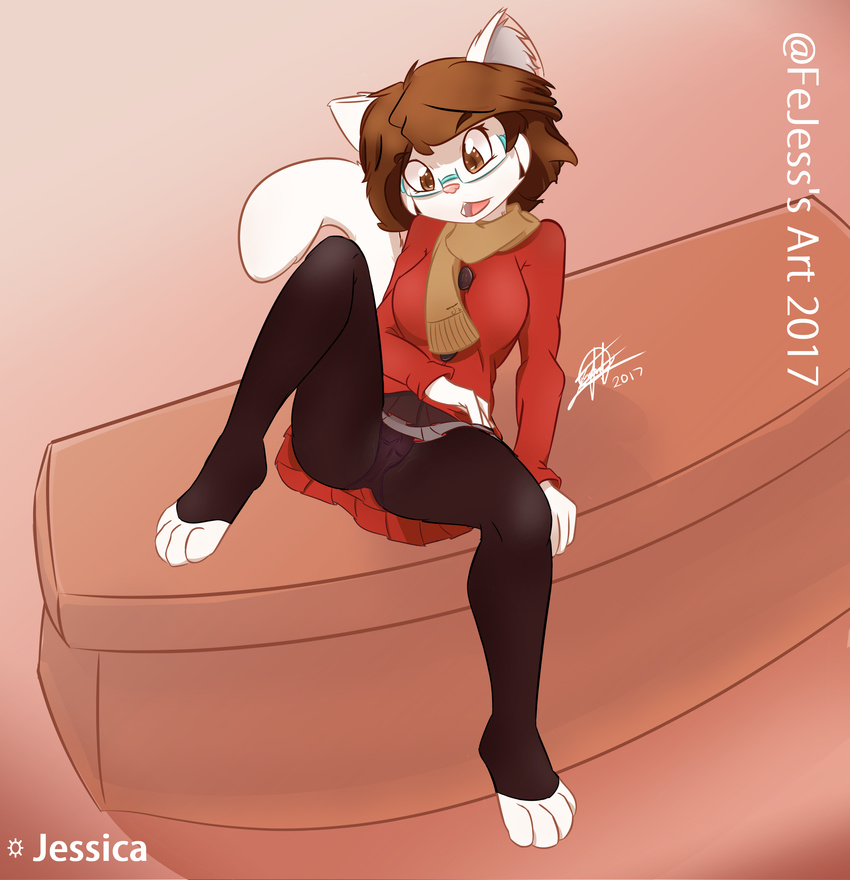 5_fingers anthro black_legwear brown_eyes brown_hair cat clothed clothing fejess96 feline female fur hair humanoid_hands jacket jessica_(fejess96) legwear mammal panties pink_panties scarf simple_background skirt solo teenager underwear white_fur young