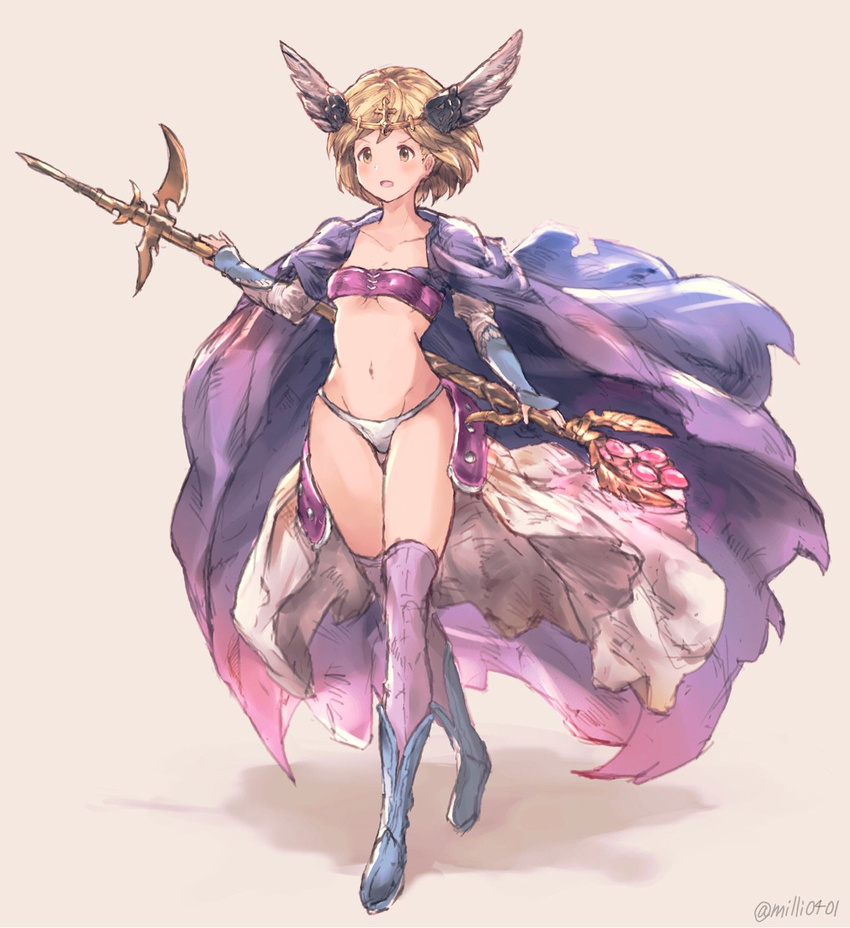 bikini_bottom blonde_hair boots cape commentary_request djeeta_(granblue_fantasy) granblue_fantasy head_wings highres midriff milli_little navel short_hair staff thigh_boots thighhighs wiseman_(granblue_fantasy)