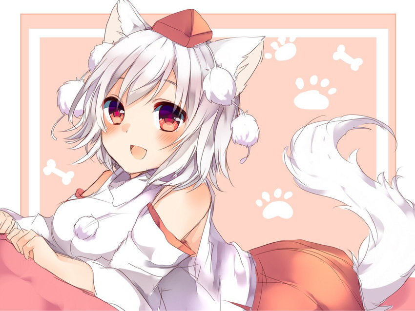 :d animal_ears bangs blush bone_print breasts brown_eyes commentary_request detached_sleeves hat inubashiri_momiji karasusou_nano looking_at_viewer medium_breasts open_mouth paw_print pom_pom_(clothes) red_skirt short_hair skirt smile solo tail tokin_hat touhou white_hair wolf_ears wolf_tail