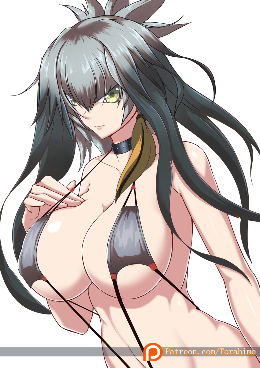 absurdres areola_slip areolae bangs black_hair breasts collar dutch_angle grey_hair hair_between_eyes highres kemono_friends large_breasts long_hair looking_at_viewer multicolored_hair patreon_logo patreon_username shoebill_(kemono_friends) slingshot_swimsuit solo strap_gap swimsuit torahime_(roland00) white_background