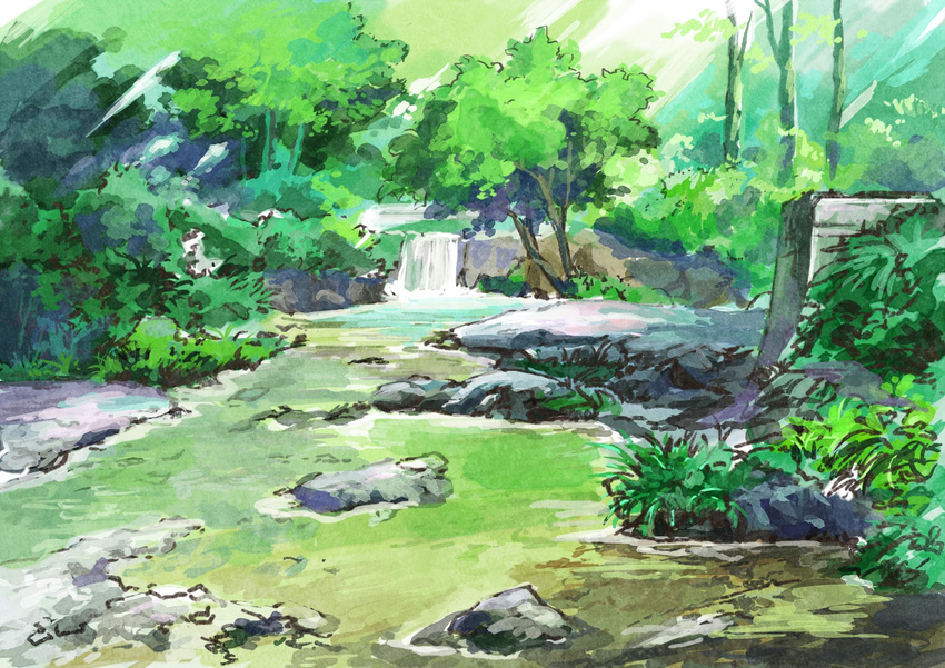 day highres hirota_(masasiv3) nature no_humans outdoors river rock scenery stone tree water water_surface waterfall