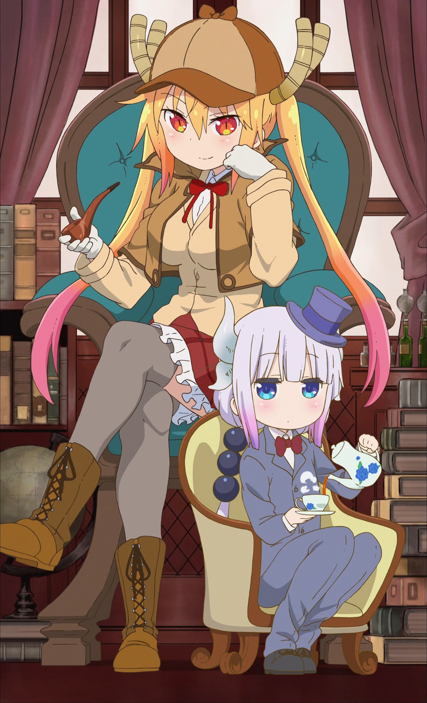 absurdres armchair beads blonde_hair blue_eyes blush bookshelf bow bowtie breasts chair closed_mouth cosplay crossed_legs curtains deerstalker detective dragon_girl dragon_horns eyebrows_visible_through_hair gloves gradient_hair hair_beads hair_between_eyes hair_ornament hat highres horns indoors kanna_kamui kobayashi-san_chi_no_maidragon large_breasts lavender_hair long_hair looking_at_viewer mini_hat multicolored_hair multiple_girls official_art orange_eyes pants pink_hair pipe sherlock_holmes sherlock_holmes_(cosplay) sitting slit_pupils smile the_adventures_of_sherlock_holmes thighhighs tooru_(maidragon) top_hat twintails white_gloves window