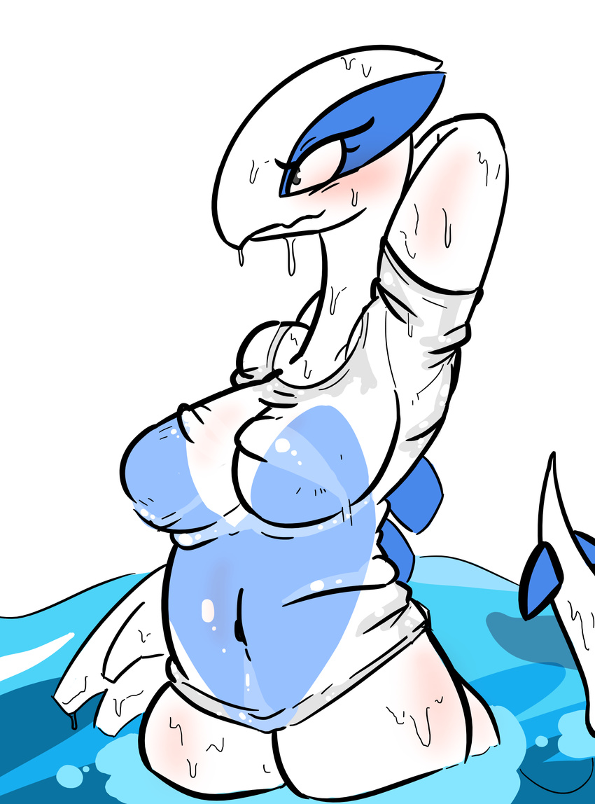 anthro avian bird blue_countershading blush bottomless breasts clothed clothing countershading embarrassed featureless_breasts female hi_res legendary_pok&eacute;mon lugia nintendo pok&eacute;mon shirt solo translucent unknown_artist video_games water wet wet_clothes wet_shirt white_body