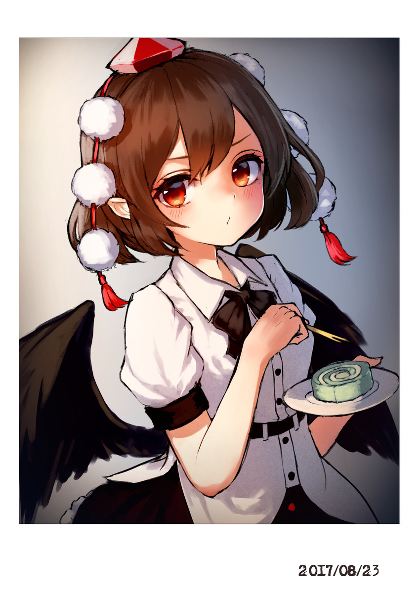 :/ absurdres bangs black_bow black_neckwear black_skirt black_wings blush bow bowtie brown_hair buttons closed_mouth collared_shirt commentary_request dated dress_shirt eating food_request gradient gradient_background hat highres holding holding_plate looking_at_viewer plate pom_pom_(clothes) pyonsuke_(pyon2_mfg) red_eyes red_hat shameimaru_aya shirt short_hair short_sleeves skirt solo tassel tokin_hat touhou upper_body white_shirt wing_collar wings