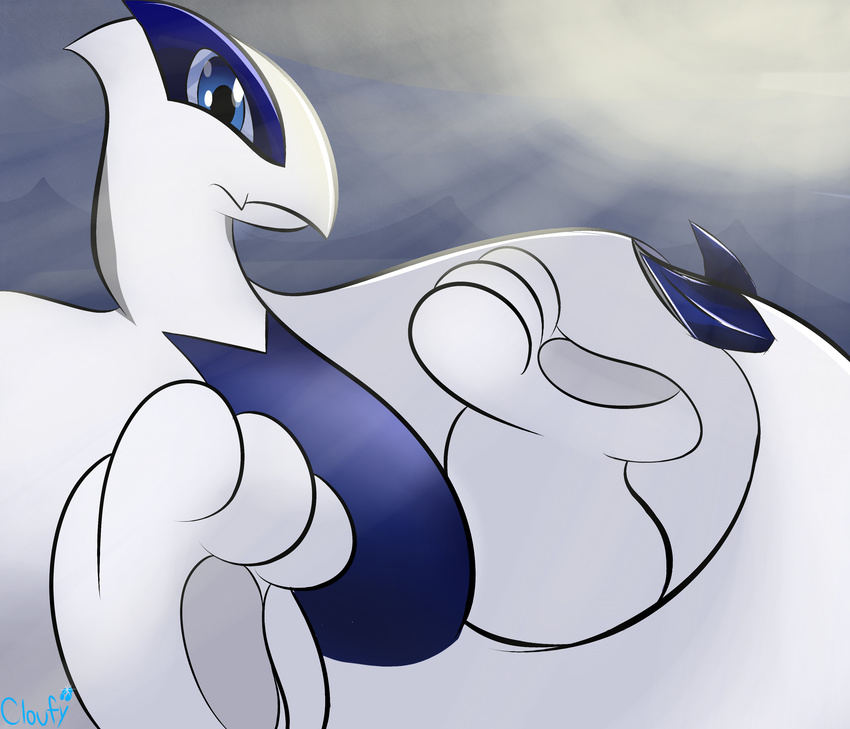 2017 absurd_res biped cloufy digital_drawing_(artwork) digital_media_(artwork) front_view half-closed_eyes hi_res legendary_pok&eacute;mon looking_at_viewer lugia mammal nintendo paws pok&eacute;mon portrait simple_background solo video_games