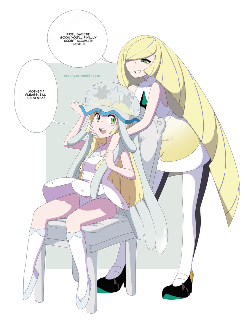 2girls artist_name bare_shoulders black_shoes blonde_hair blush braid dress english eyebrows_visible_through_hair full_body green_eyes hair_over_one_eye half-closed_eyes hand_on_another's_face hand_up highres kneehighs leggings legs_apart lillie_(pokemon) long_hair looking_back looking_down lusamine_(pokemon) merunyaa mother_and_daughter multiple_girls nervous nihilego open_mouth panties pantyshot pantyshot_(sitting) pokemon pokemon_(creature) pokemon_sm shite_shoes shoes short_dress simple_background sitting sleeveless sleeveless_dress smile socks standing sweat teeth tentacle text tied_hair tumblr twin_braids two-tone_background ultra_beast upskirt very_long_hair web_address white_background white_dress white_legwear white_panties white_socks