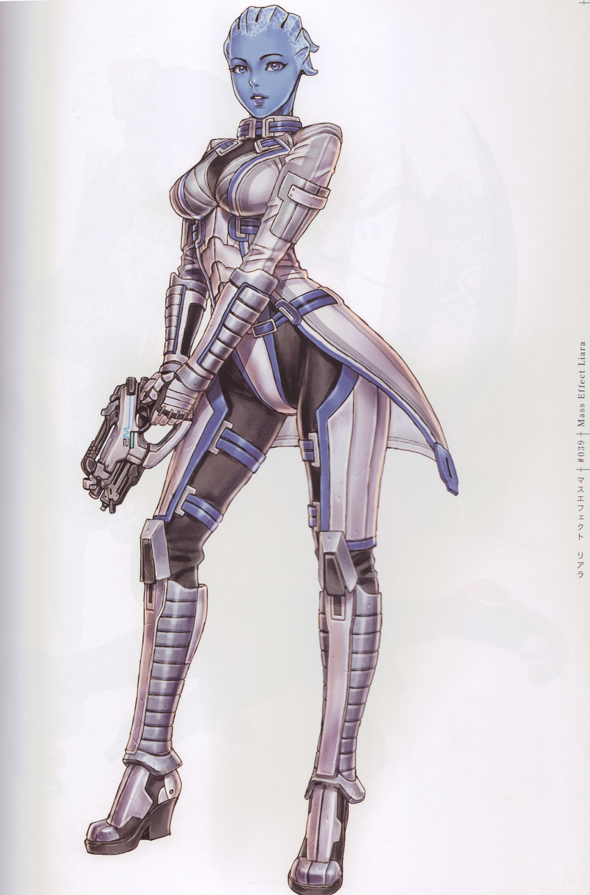 absurdres alien asari blue_eyes blue_lipstick blue_skin bodysuit boots breasts character_name contrapposto full_body gloves gun handgun high_heels highres holding holding_gun holding_weapon legs_apart liara_t'soni lipstick looking_at_viewer m-5_phalanx makeup mass_effect medium_breasts non-web_source parted_lips scan scan_artifacts simple_background solo standing trigger_discipline turtleneck v_arms weapon white_background yamashita_shun'ya