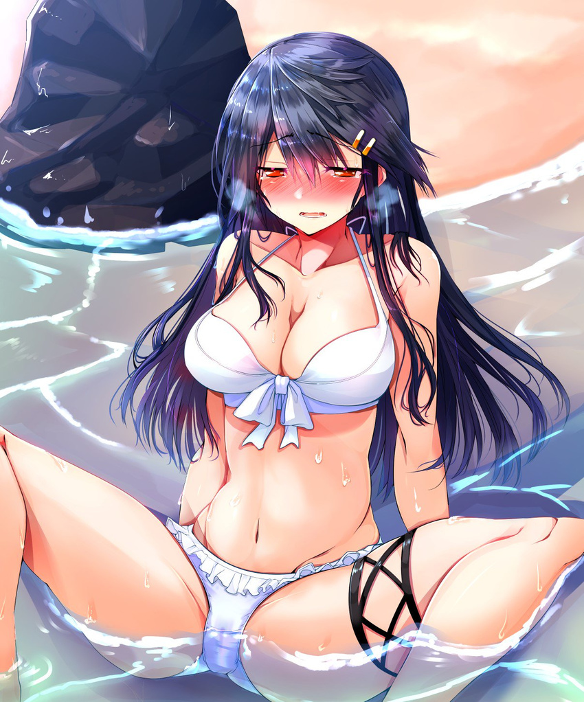 bikini black_hair blush bow_bikini breasts breath cleavage commentary_request frilled_bikini_bottom frills front-tie_top gusset hair_ornament hairclip haruna_(kantai_collection) highres kantai_collection leaning_back long_hair medium_breasts navel partially_submerged red_eyes rock solo spread_legs swimsuit tsukui_kachou water white_bikini