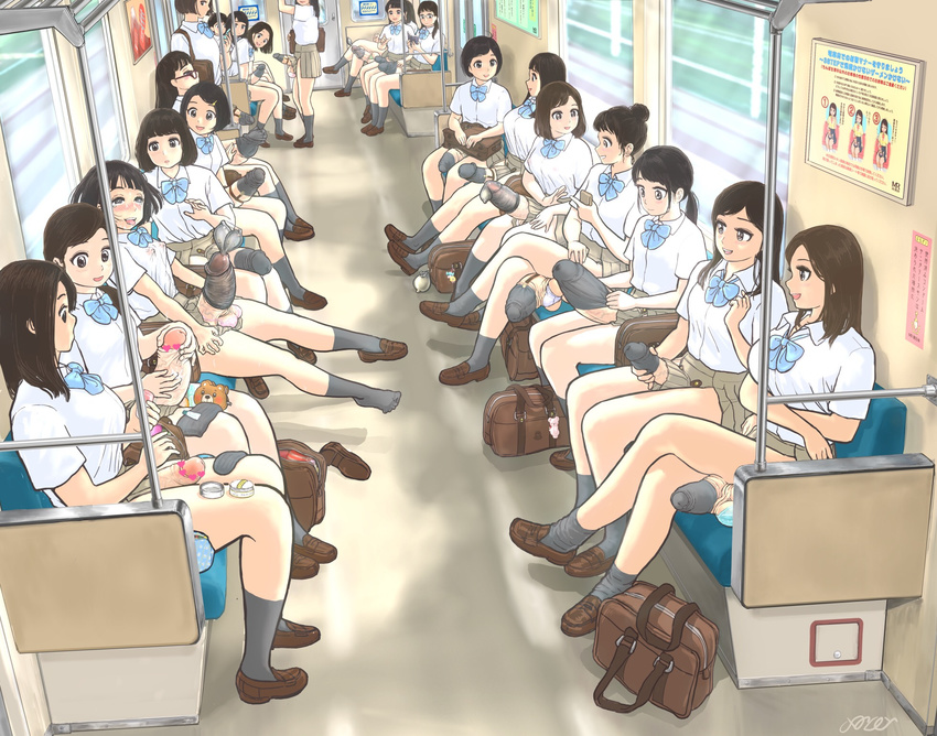 6+girls ahegao bangs black_hair blush brown_hair brown_shoes censored condom condom_filling condom_on_penis ejaculation erection full-package_futanari futanari glasses grey_legwear hair_bun handsfree_ejaculation happy heart_censor japanese japanese_text loafers long_hair looking_at_another looking_at_penis masturbation merotoron miniskirt multiple_girls no_bra orgasm original penis penis_grab penis_sleeve penis_sock pleated_skirt ponytail school_bag school_uniform shirt shoes short_hair short_sleeves sign single_shoe sitting smile socks tearing_up testicle_bra train_interior trembling twintails vehicle_interior white_shirt