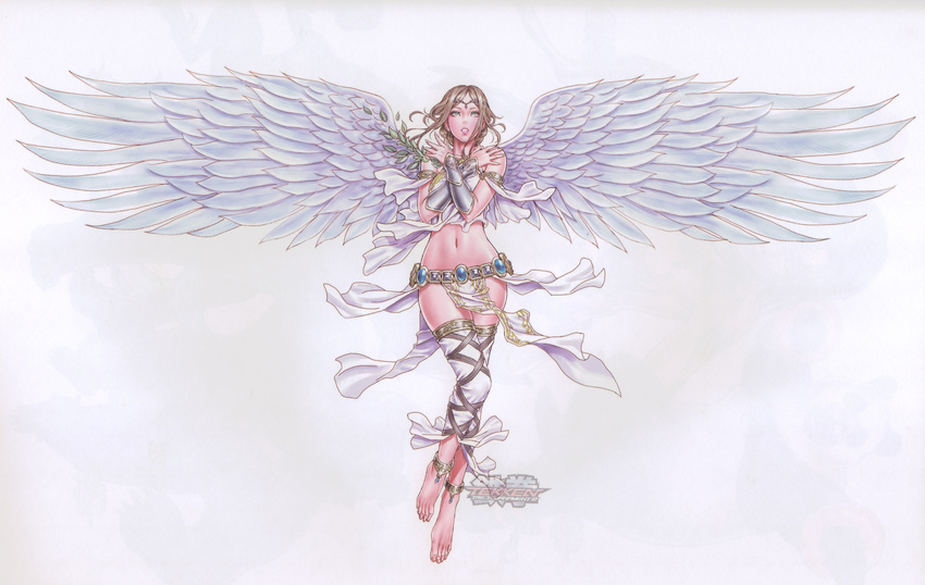 absurdres angel angel_(tekken) anklet bare_shoulders barefoot belt bracer brown_hair circlet detached_leggings feathered_wings full_body highres jewelry lips logo loincloth long_hair midriff navel non-web_source pelvic_curtain scan solo tekken tekken_tag_tournament_2 white_background wings yamashita_shun'ya