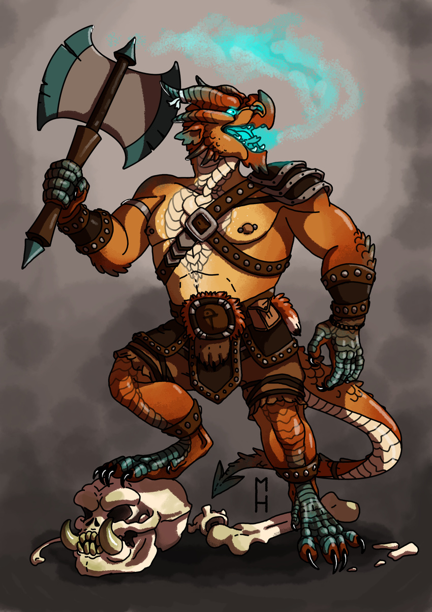 2017 5_fingers 5_toes absurd_res anklet anthro armor axe battle_axe biped black_claws blue_eyes blue_fire blue_tongue bone bracelet brown_nipples brown_scales claws clothed clothing countershade_tail countershade_torso countershading digital_drawing_(artwork) digital_media_(artwork) digitigrade dipstick_tail dragon dragonborn ears_back fangs fighting_stance fire fire_breathing fist full-length_portrait gauntlets gloves gradient_background green_scales grey_background hi_res holding_object holding_weapon horn humanoid_hands hyena-teeth jewelry leather leather_armor long_tail looking_away male melee_weapon multi_horn multicolored_scales multicolored_tail muscular muscular_male navel nipple_piercing nipples notched_ear open_mouth orange_scales pecs piercing portrait pteruges raised_leg ran_scales ribbons scales scalie shorts shoulder_guards simple_background skull small_pupils soft_shading solo spade_tail spiked_bracelet spikes standing tan_countershading toe_claws toes topless tusks warrior watermark weapon