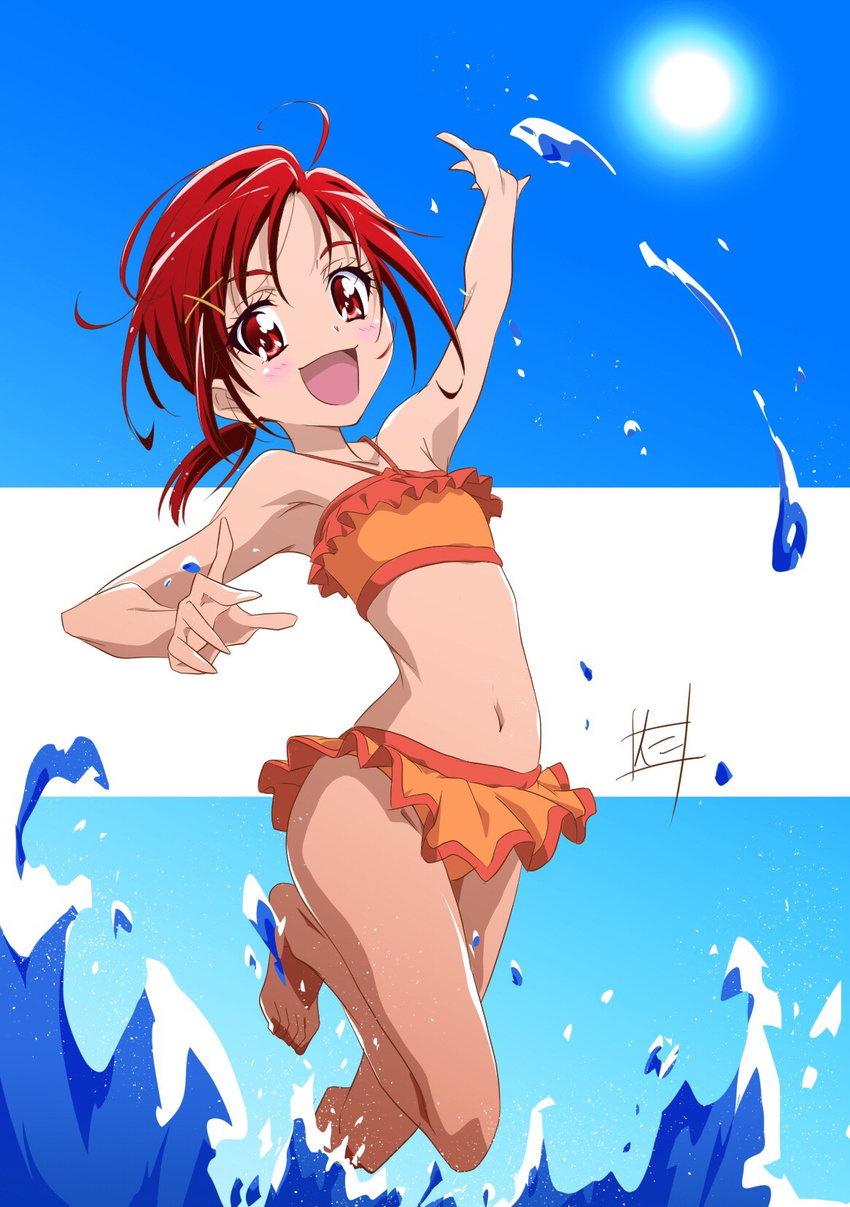 bikini flat_chest highres hino_akane_(smile_precure!) looking_at_viewer low_ponytail nii_manabu open_mouth orange_bikini ponytail precure red_eyes red_hair smile smile_precure! solo sun swimsuit wading water