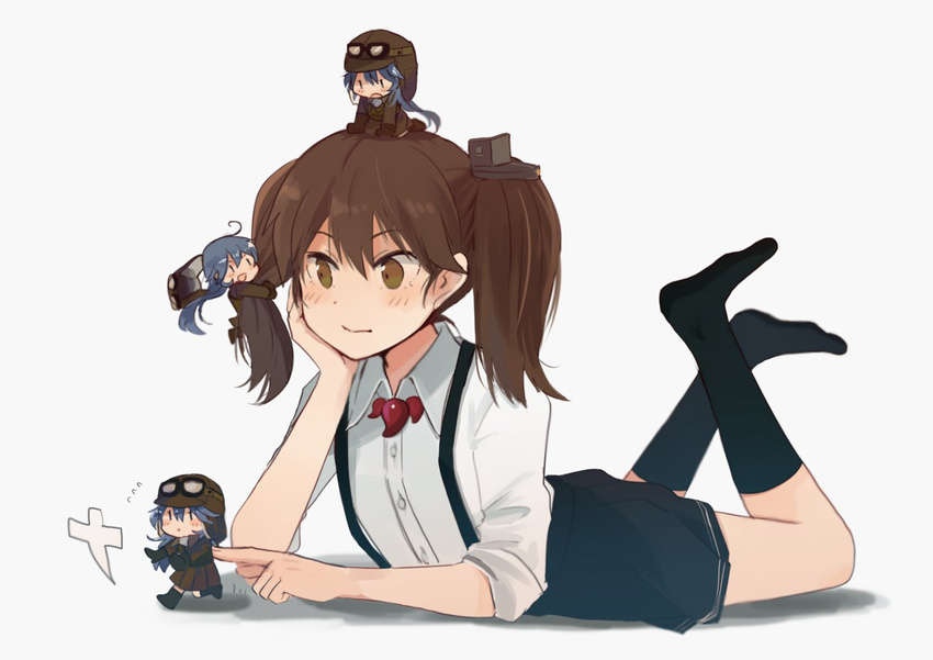 ahoge annin_musou bomber_jacket brown_eyes brown_hair clinging commentary elbow_rest fairy_(kantai_collection) feet_up flight_goggles gloves goggles goggles_on_head green_hair hair_between_eyes hair_ornament hand_on_own_cheek hat hat_removed headwear_removed helmet jacket kantai_collection legs_up long_sleeves lying magatama mini_hat multiple_girls no_hat no_headwear no_shoes on_stomach open_mouth pleated_skirt poking ponytail remodel_(kantai_collection) ryuujou_(kantai_collection) shadow shikigami short_sleeves sitting sitting_on_head sitting_on_person skirt smile socks suspenders sweatdrop twintails wariza white_background