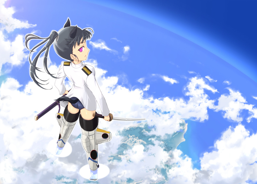 animal_ears black_hair dog_ears dog_tail earth extra_ears long_hair looking_at_viewer military military_uniform no_eyepatch parted_lips ponytail red_eyes sakamoto_mio sayu_(mio-mosa) scabbard school_swimsuit sheath solo strike_witches striker_unit swimsuit swimsuit_under_clothes sword tail uniform weapon world_witches_series