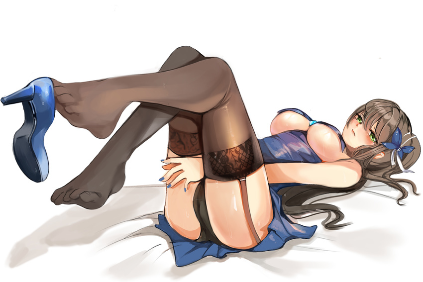 1girl ass bed black_legwear black_lingerie black_panties blush breasts brown_hair butterfly cameltoe dole_(lo628) dress feet female full_body garter_straps green_eyes hair_ornament high_heels highres lace-trimmed_thighhighs large_breasts leg_lift legs lingerie long_hair long_ponytail looking_at_viewer lying miniskirt no_bra on_back panties ponytail shoes simple_background skirt skirt_flip solo thighhighs toes underboob underwear white_background