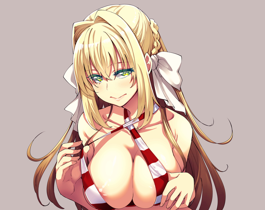 3: akino_sora areola_slip areolae bangs bikini bikini_pull blonde_hair bow breasts cleavage closed_mouth colored_eyelashes commentary criss-cross_halter eyebrows_visible_through_hair fate/grand_order fate_(series) green_eyes grey_background hair_bow hair_down hair_intakes half-closed_eyes half_updo halter_top halterneck hands_up highres large_breasts long_hair looking_at_viewer nero_claudius_(fate)_(all) nero_claudius_(swimsuit_caster)_(fate) red_bikini sidelocks simple_background solo striped striped_bikini swimsuit upper_body white_bow