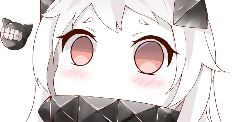 close-up collar covered_mouth empty_eyes enemy_aircraft_(kantai_collection) horns kantai_collection long_hair looking_at_viewer nahaki no_nose northern_ocean_hime red_eyes shinkaisei-kan short_eyebrows simple_background symbol-shaped_pupils white_background white_hair white_skin