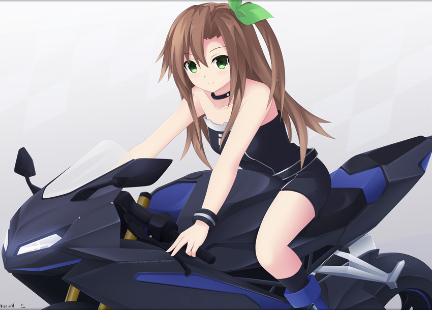 anklet bow brown_hair choujigen_game_neptune commentary green_eyes ground_vehicle hair_bow if_(choujigen_game_neptune) jewelry keenh motor_vehicle motorcycle necklace neptune_(series) sitting sitting_on_object solo