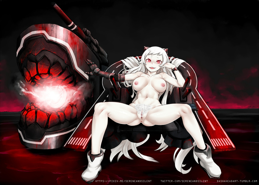 airfield_hime ankle_boots anus bangs boots bracelet breasts breasts_apart charging collarbone colored_pubic_hair excessive_pubic_hair flight_deck full_body graphite_(medium) hand_up highres horns jewelry kantai_collection large_breasts long_hair looking_at_viewer mechanical_arm navel nipples nude open_mouth pubic_hair pussy red_eyes sereneandsilent shinkaisei-kan sitting smirk solo spread_legs traditional_media tumblr_username turret twitter_username very_long_hair watermark web_address white_footwear white_hair white_skin