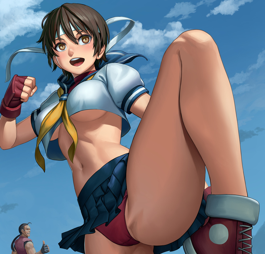 1girl arm_at_side ascot bare_legs black_hair blue_sailor_collar blue_sky breasts brown_eyes brown_hair clenched_hand cloud crop_top crop_top_overhang cropped_shirt day fighting_stance fingerless_gloves gloves hand_up headband hibiki_dan highres kasugano_sakura lasterk leg_up long_hair long_legs looking_afar looking_at_another medium_breasts midriff navel no_bra open_mouth panties pantyshot pleated_skirt ponytail puffy_short_sleeves puffy_sleeves sailor_collar school_uniform serafuku shoes short_hair short_sleeves skirt sky smile sneakers solo_focus standing stomach street_fighter thighs thumbs_up toned underboob underwear upper_body