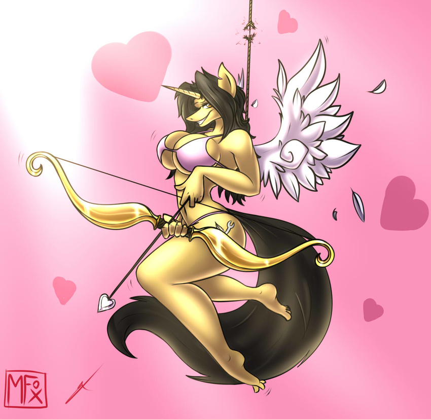 &lt;3 2016 amber_steel angelic anthro arrow bikini bow_(weapon) breasts cleavage clothed clothing cutie_mark equine fan_character feathered_wings feathers female hi_res holding_object holding_weapon horn love mammal metalfoxxx my_little_pony ranged_weapon solo swimsuit unicorn weapon wings