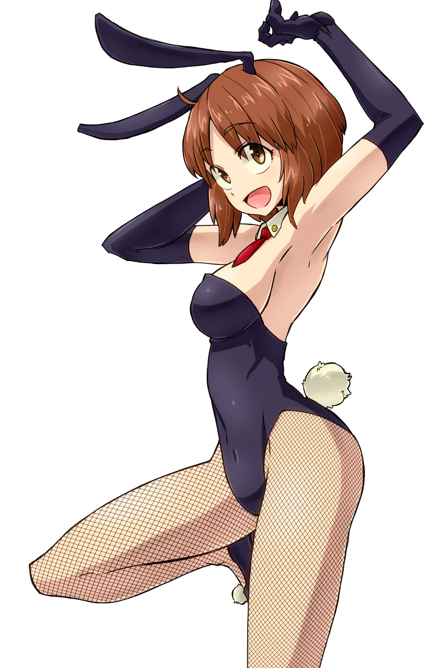 absurdres alternate_costume animal_ears aono3 arms_up ascot bangs black_footwear black_gloves black_leotard breasts brown_eyes brown_hair bunny_ears bunny_tail bunnysuit cowboy_shot detached_collar elbow_gloves fake_animal_ears fake_tail fishnet_pantyhose fishnets from_side girls_und_panzer gloves highres leg_up leotard looking_at_viewer medium_breasts nishizumi_miho open_mouth pantyhose shoes short_hair sideboob simple_background smile solo standing standing_on_one_leg strapless strapless_leotard tail white_background