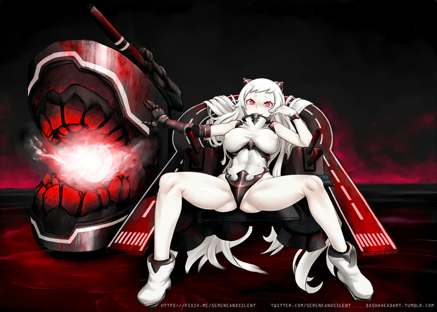 airfield_hime ankle_boots bangs bare_shoulders boots bracelet breasts breasts_apart charging commentary covered_nipples flight_deck full_body graphite_(medium) hand_up high_collar highres horns jewelry kantai_collection large_breasts leotard long_hair looking_at_viewer mechanical_arm partially_visible_vulva red_eyes sereneandsilent shinkaisei-kan sitting smirk solo spread_legs traditional_media tumblr_username turret twitter_username very_long_hair watermark web_address white_footwear white_hair white_leotard white_skin