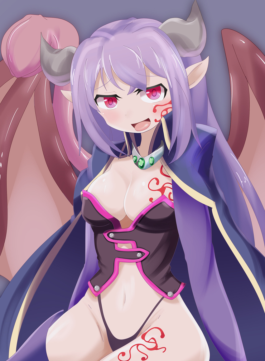 1girl alma_elma artist_request breast_tattoo breasts cape curvy demon_girl female horns large_breasts long_hair looking_at_viewer mon-musu_quest! monster_girl pointy_ears purple_hair red_eyes revealing_clothes shiny_skin smile solo succubus tail tattoo wings
