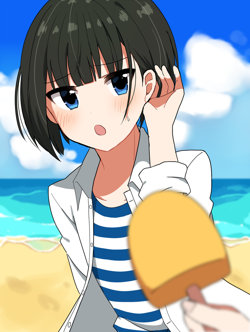 :o adjusting_hair androgynous bad_id bad_pixiv_id beach black_hair blue_eyes blue_sky blush bob_cut cloud cloudy_sky cowboy_shot day food hair_tucking highres idolmaster idolmaster_side-m kagura_rei male_focus open_mouth out_of_frame outdoors popsicle pov pov_hands shirt sky solo_focus striped striped_shirt zenchi_(061799)