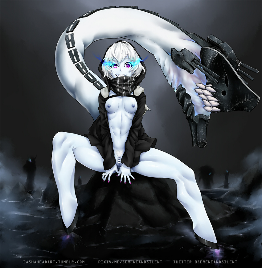 bangs bar_censor black_jacket black_scarf blue_skin breasts burning_eyes censored colored_pubic_hair commentary full_body glowing glowing_eyes graphite_(medium) grin hair_between_eyes highres hood hood_up hooded_jacket hooves jacket kantai_collection legs long_sleeves looking_at_viewer nail_polish navel nipples no_bra no_panties open_clothes open_jacket pink_nails pubic_hair purple_eyes pussy re-class_battleship rock scarf sereneandsilent sharp_teeth shinkaisei-kan short_hair sitting small_breasts smile solo spread_legs striped striped_scarf tail teeth toned traditional_media tumblr_username turret twitter_username v_arms watermark web_address white_hair
