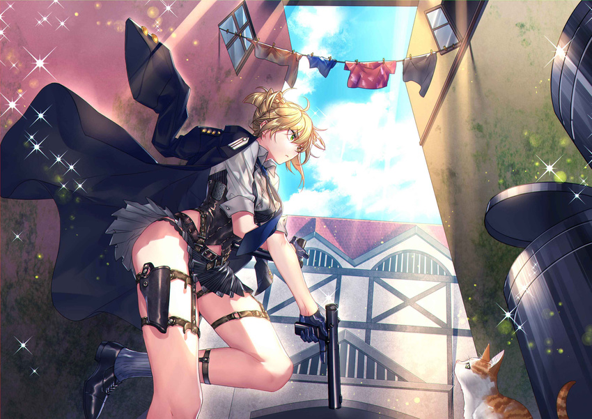 &gt;:( ankle_garter artist_request blonde_hair blue_sky breasts cat commentary_request day dress_shoes from_below frown girls_frontline glint green_eyes gun hair_between_eyes handgun highres holster jacket_on_shoulders lossy-lossless medium_breasts necktie outdoors pleated_skirt profile short_hair skirt sky socks solo standing standing_on_one_leg sunlight thigh_holster v-shaped_eyebrows vest weapon welrod_mk2_(girls_frontline)