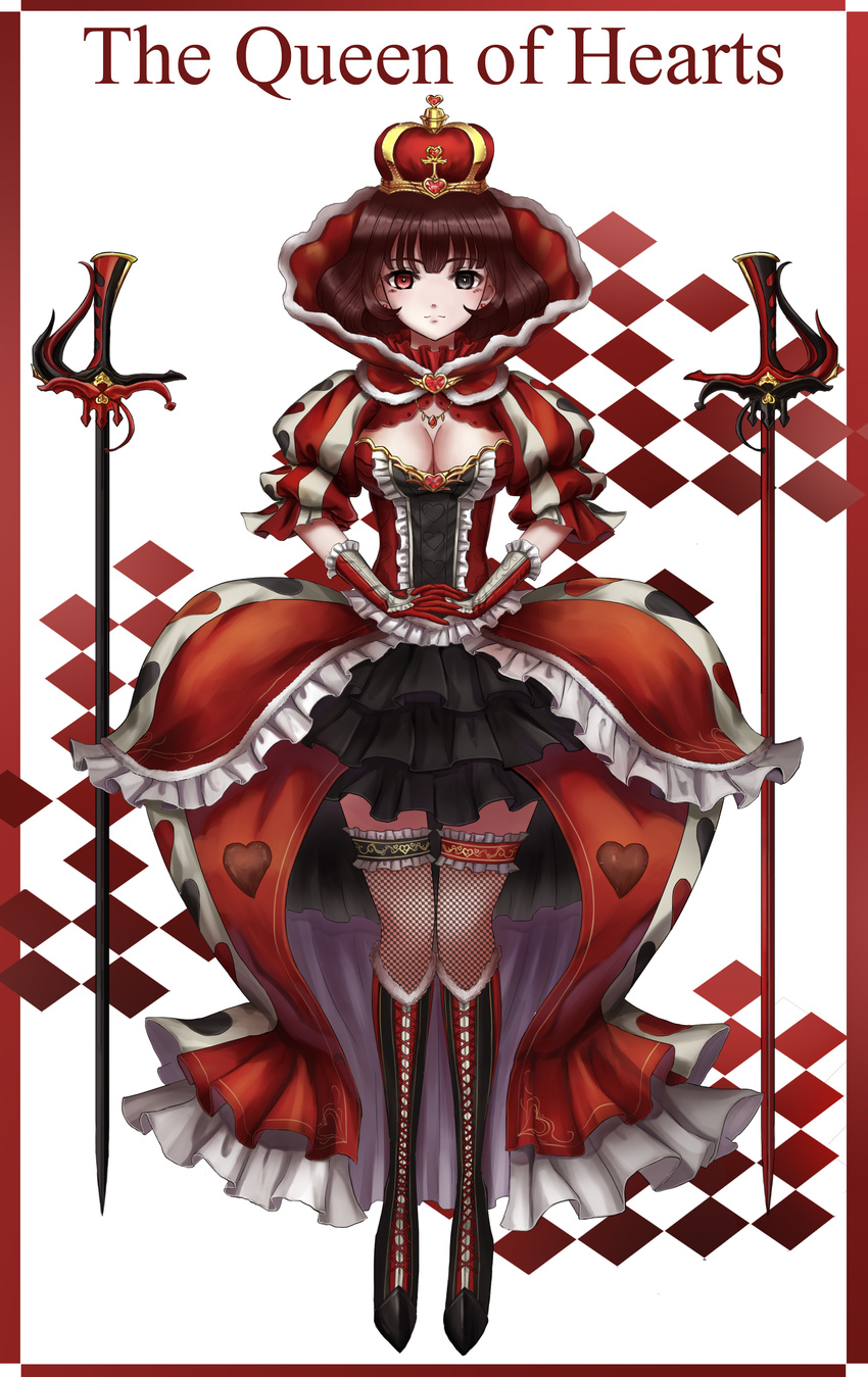 absurdres alice_in_wonderland black_eyes black_footwear boots breasts brown_hair character_name cleavage closed_mouth eyebrows_visible_through_hair fishnets heart heterochromia highres knee_boots large_breasts looking_at_viewer queen_of_hearts red_eyes seungju_lee solo sword thighhighs weapon