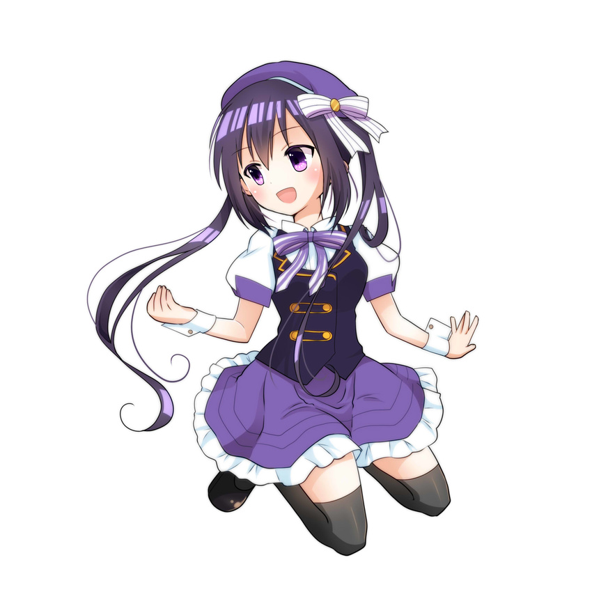 :d black_legwear eyebrows_visible_through_hair floating_hair frilled_skirt frills full_body gochuumon_wa_usagi_desu_ka? hair_between_eyes hat highres korin_(ra-sky07) long_hair miniskirt neck_ribbon open_mouth purple_eyes purple_hair purple_hat purple_skirt ribbon shirt simple_background skirt smile solo striped striped_ribbon tedeza_rize thighhighs twintails very_long_hair white_background white_shirt wrist_cuffs zettai_ryouiki