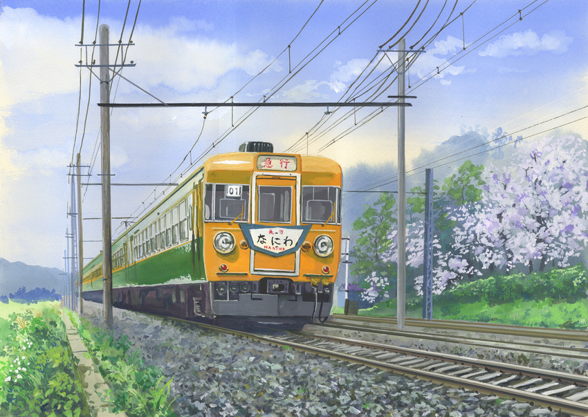 blue_sky cherry_blossoms cloud commentary day grass ground_vehicle highres hirota_(masasiv3) no_humans outdoors overhead_line pantograph power_lines railroad_tracks scenery sky telephone_pole traditional_media train tree watercolor_(medium)