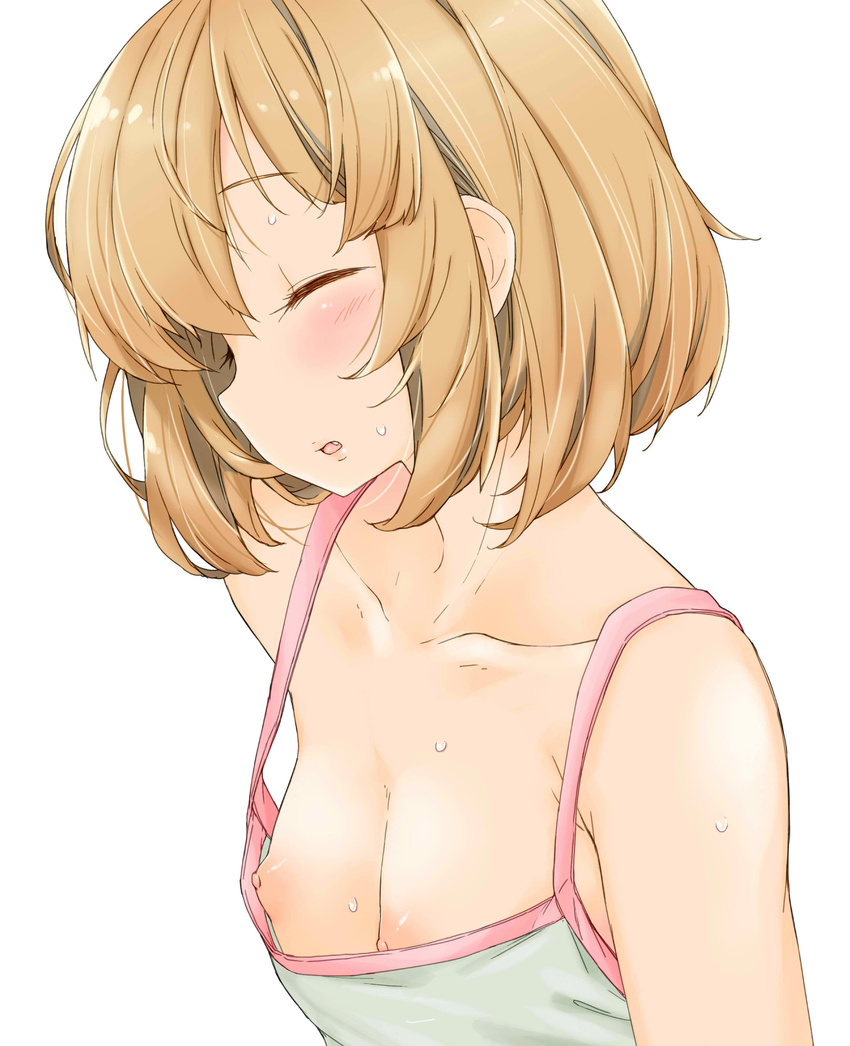 absurdres bangs blush breasts brown_hair camisole closed_eyes collarbone commentary_request fang girls_und_panzer highres itou_ayachi katyusha nipples puffy_nipples simple_background small_breasts solo sweat upper_body white_background