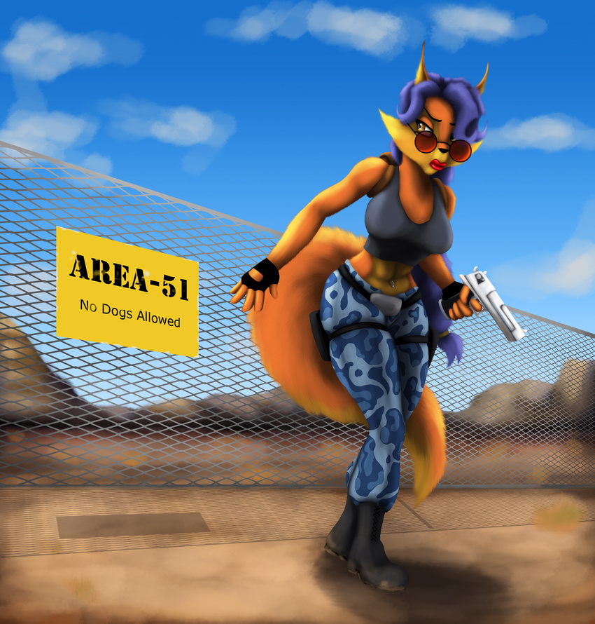 2017 astraldog belly_piercing blue_hair breasts canine carmelita_fox clothed clothing desert_eagle eyewear female fox fur gloves gun hair handgun hi_res holding_object holding_weapon mammal midriff orange_fur outside piercing pistol ranged_weapon sly_cooper_(series) sunglasses tomb_raider video_games weapon yellow_fur