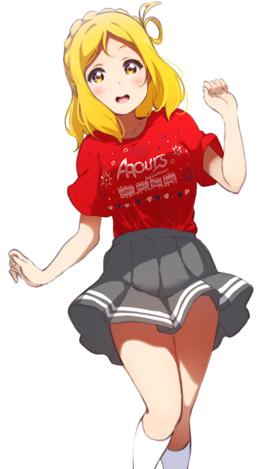 absurdres bad_id bad_pixiv_id blonde_hair blush braid clenched_hands crown_braid girly_pose hair_rings highres icehotmilktea kneehighs love_live! love_live!_sunshine!! ohara_mari open_mouth pleated_skirt red_shirt shirt short_sleeves simple_background skirt smile solo t-shirt white_background white_legwear yellow_eyes