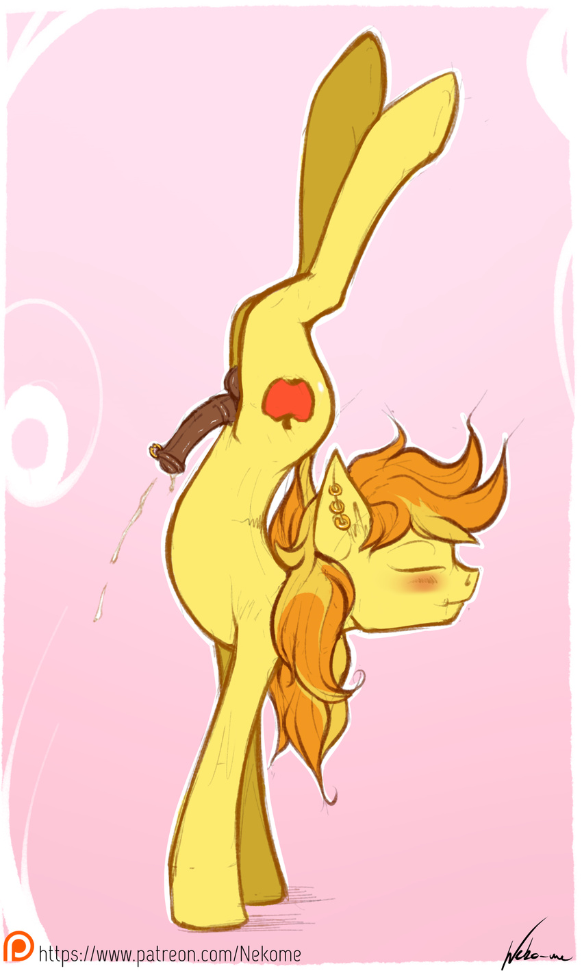 2017 absurd_res animal_genitalia animal_penis blush braeburn_(mlp) cutie_mark ear_piercing earth_pony equine equine_penis eyes_closed feral friendship_is_magic hair hi_res horse male mammal multicolored_hair my_little_pony neko-me patreon penis piercing pony solo two_tone_hair