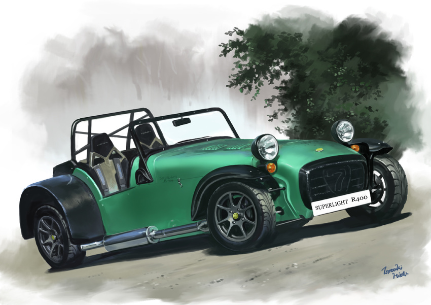 artist_name car caterham caterham_superlight_r400 commentary day ground_vehicle highres hirota_(masasiv3) license_plate motor_vehicle no_humans outdoors signature tree