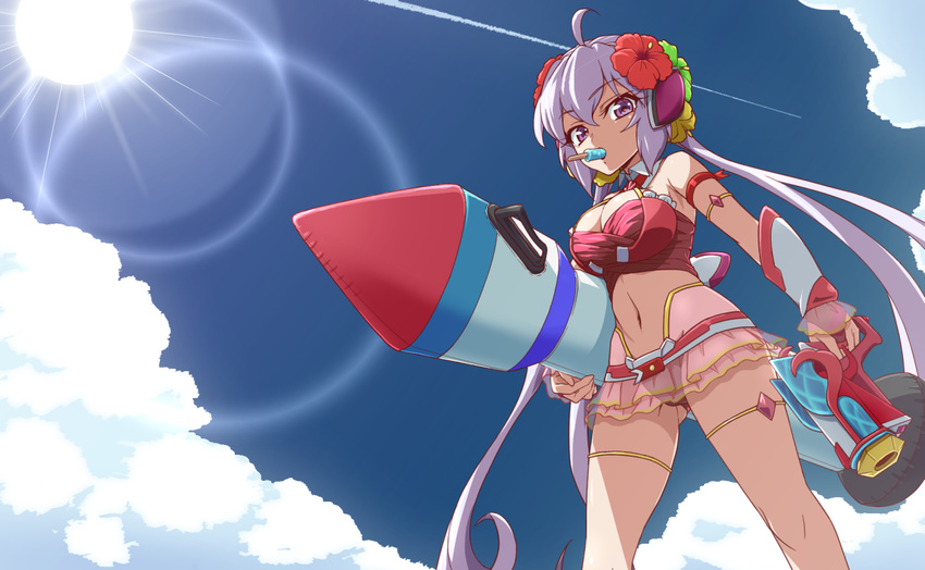ahoge arm_strap ass_visible_through_thighs bare_shoulders bikini blue_sky blush breasts cleavage cloud commentary_request day eyebrows_visible_through_hair flower food hair_flower hair_ornament inflatable_toy large_breasts lens_flare long_hair looking_at_viewer mouth_hold navel outdoors popsicle purple_eyes red_bikini senki_zesshou_symphogear senki_zesshou_symphogear_xd_unlimited silver_hair sky solo sun swimsuit thigh_strap thighhighs twintails uganda very_long_hair water_gun yukine_chris