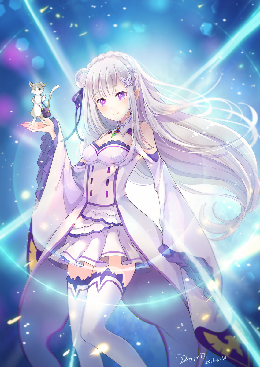 2016 choker dated dorris emilia_(re:zero) eyebrows_visible_through_hair floating_hair flower hair_flower hair_ornament hair_ribbon highres long_hair looking_at_viewer miniskirt pleated_skirt pointy_ears puck_(re:zero) purple_eyes purple_ribbon re:zero_kara_hajimeru_isekai_seikatsu ribbon shirt signature silver_hair skirt smile solo thighhighs very_long_hair white_flower white_legwear white_shirt white_skirt zettai_ryouiki